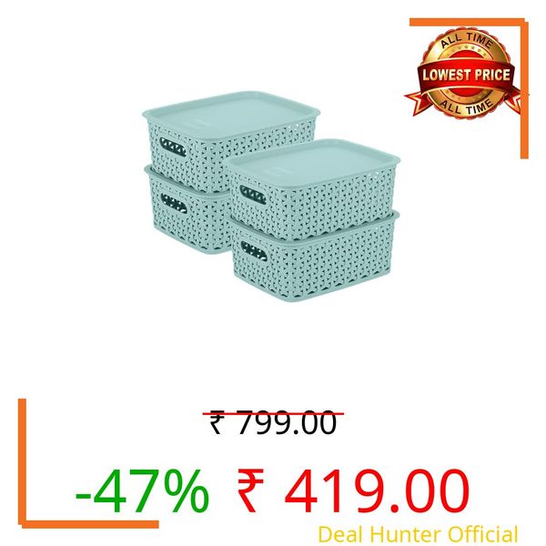 KOLORR Premium Elite Small Size Plastic Multipurpose Rectangular Storage Baskets With Lids Pack Of 4, Organiser Basket For Home/Kitchen/Wardrobe/Toys/Stationary - Mint Green