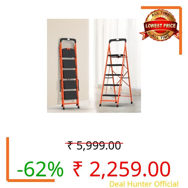 BonKaso Climb Easy 5 Step Heavy Duty Steel Folding Climbing Ladder for Home, Home & Office – with Safety Lock, Anti-Slip Wide Durable Plastic Steps, Support Handle & Tool Tray (Orange & Black)