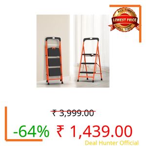 BonKaso Climb Easy 3 Step Heavy Duty Foldable Steel Ladder for Home, Office, Kitchen & Outdoor Use with Safety Lock, Anti-Slip Wide Durable Plastic Steps, Support Handle & Tool Tray (Orange & Black)