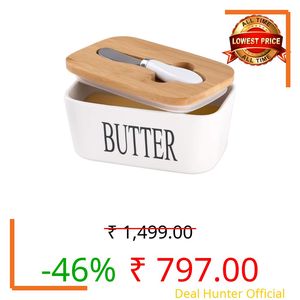 Ceramic Butter Dish with Wooden Lid, Lesige Large Butter Container Keeper Storage Plate with Steal Butter Knife, Bamboo Cover and Silicone Sealing Ring for West East Coast Butter, White (Large)