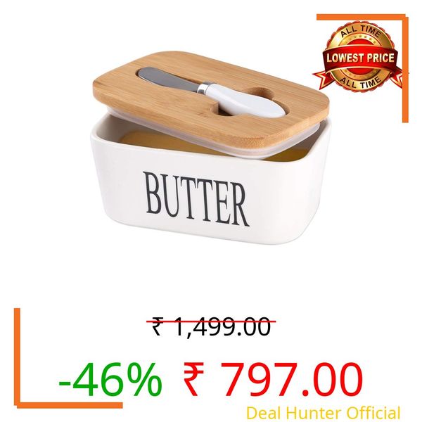 Ceramic Butter Dish with Wooden Lid, Lesige Large Butter Container Keeper Storage Plate with Steal Butter Knife, Bamboo Cover and Silicone Sealing Ring for West East Coast Butter, White (Large)