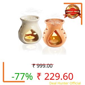 Pure Source India Ceramic Oil Burner Aroma Diffuser Set of 2 (Orange & Off-White)