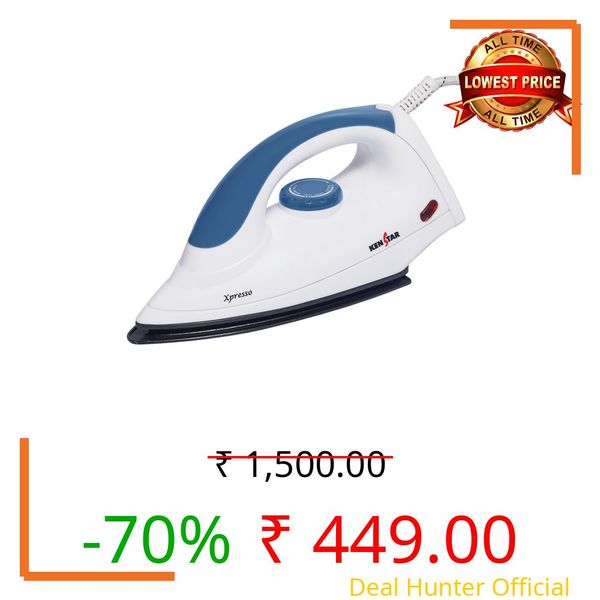 Kenstar XPRESSO 1000W Dry Iron | Non-Stick PTFE Soleplate | Auto Cut-Off & Fabric Selector | 180° Swivel Cord | Blue & White