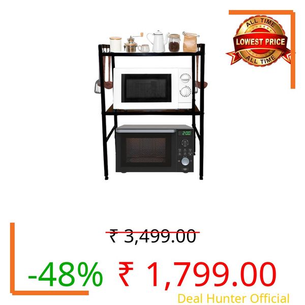 A to Z Hub 3-Tier Mild Steel Microwave Oven Stand/Storage Shelf/Storage Rack for with Height Adjustable Platforms with Hooks