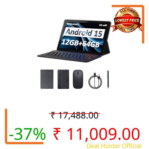 Android 15 Tablet 10 Inch, 12GB RAM+64GB ROM+1TB Expandable, 2 in 1 Tablets with keyboard/ Case/ Mouse/ Stylus, 1.8Ghz Quad-core Processor, 8MP Camera, 1280*800 IPS HD Screen Tablet, 5G WIFI 6 BT 5.0