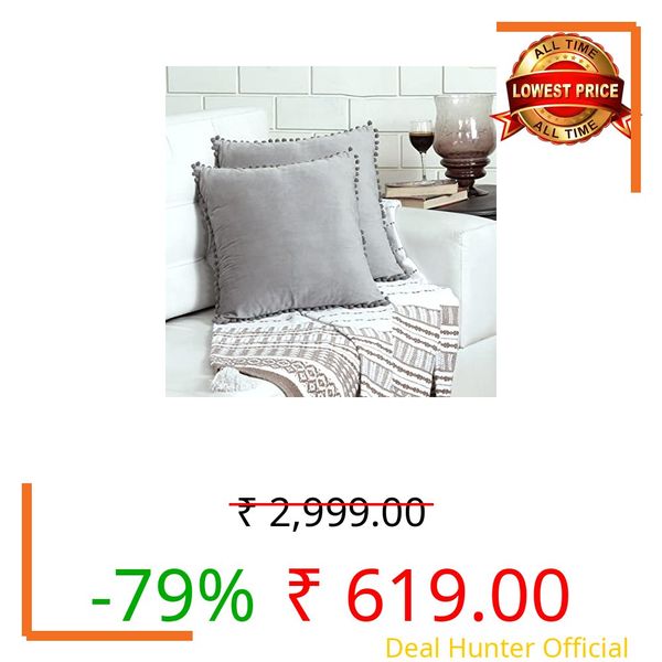 Amazon Brand - Umi Velvet Pompom Cushion Cover 22X22 Inch - Set Of 2 Large Square Throw Pillow Covers 150 TC For Sofa Living Room Or Home Decor In Silver Color