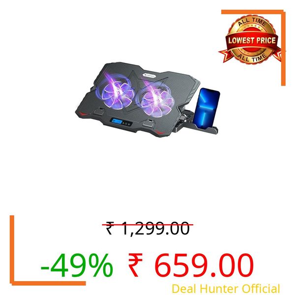 Zebronics NC5500D Powerful Laptop Cooler with Dual 125mm Fans, Silent Operation, Adjustable Fan Speed, Display, Controls, USB, 5 Step Retractable Stand and Mobile Holder