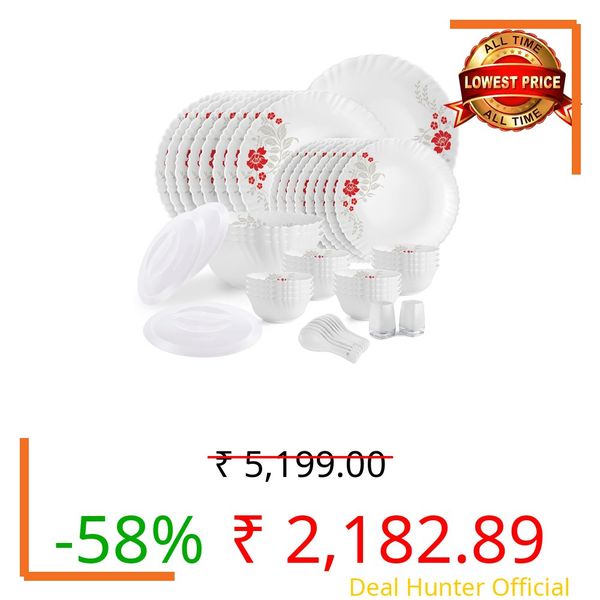 CELLO Scarlet Bliss Dazzle Series Opalware Dinner Set of 49 Pieces for Family of 6 | Bone-Ash Free & Leadfree Opal Glass, Microwave & Dishwasher Safe, Plates & Bowls Crockery Set for Dining & Gifting