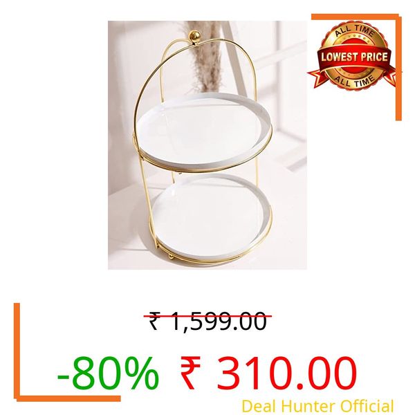 Delight World White and Gold Metal 2-Tier Cake Stand Snack Platter for Home Decor 32CM (WHITE)