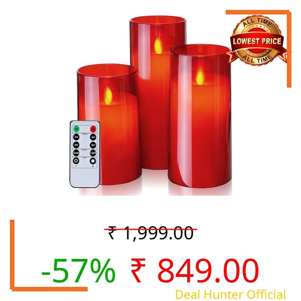 LTETTES Flameless LED Candles Set of 3 (H-4", 5", 6" x D-3") | Red Acrylic Fiber Glass Pillar Candles with Remote | Battery Operated | Home Decor, Wedding, Festival Lighting