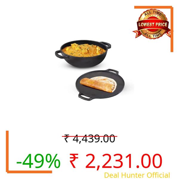 The Indus Valley Pre-Seasoned Cast Iron Cookware Set | Tawa (30 Cm) + Kadai (25.4 Cm/2.3L) | Kitchen Cooking Combo Pots And Pans Set Of 2Pcs | Naturally Nonstick black