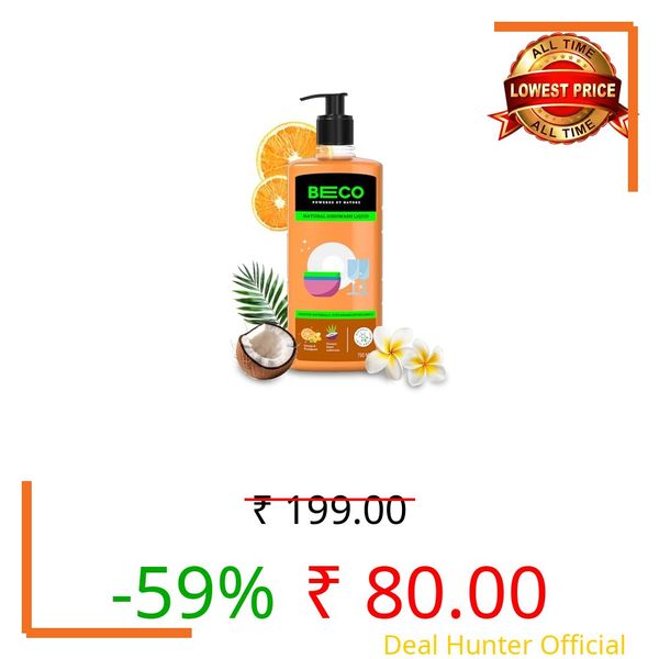 Beco Natural Dishwash Liquid-750ml |Orange Citrus Freshness| 100% Ecofriendly-Tough Grease removal Antibac formula| Leaves No residue, Baby & Pet Safe