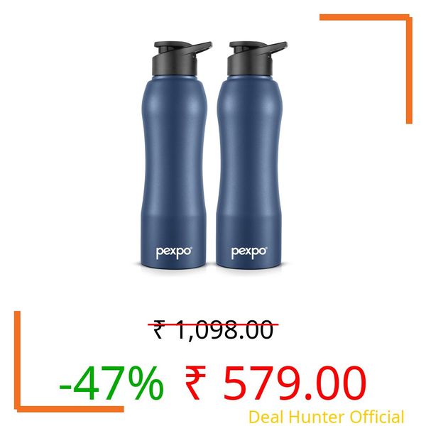 PEXPO Bistro ISI Certified Stainless Steel Fridge/Sports Sipper Water Bottle 1 Litre, Denim Blue, Pack of 2|Single Wall|Easy Grip | Home, Office, Gym, School, Yoga, Trekking, Men, Women & Kids