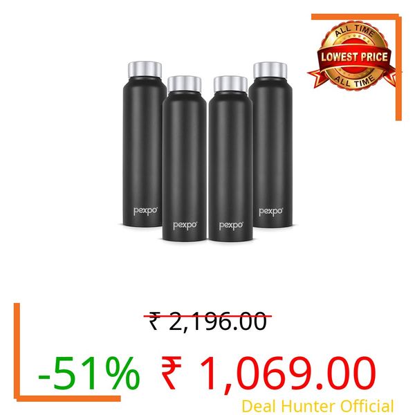 Go24 pexpo Water Bottle 1 ltr Stainless Steel Sports/Fridge Bottle with Steel Cap (Pack of 4)| Single Wall | For Home, Office, Gym, Travelling | Lightweight | BPA Free | Chromo 950ml |Knight Black