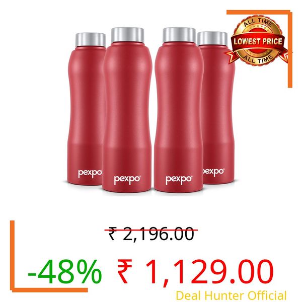 Pexpo Bistro ISI Certified Stainless Steel Fridge/Sports Water Bottle 1 Litre, Crimson Red, Pack of 4| Single Walled|Easy Grip|Leakproof Water Bottle for Home, Office, Gym, School, Yoga, Trekking