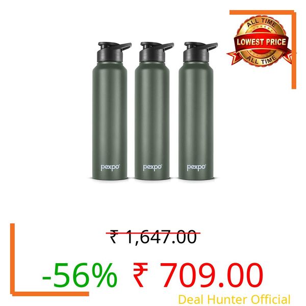 Go24 pexpo Water Bottle 1 ltr Stainless Steel Sports/Fridge Bottle with Sipper Cap (Packof 3)| Single Wall | For Home, Office, Gym, Travelling | Lightweight | BPA Free | Chromo 950ml |Military Green