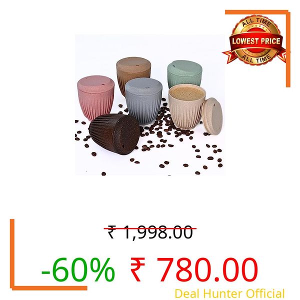 Eha Earth Friendly Retro Coffee Mug with Lid | Tea Cup Set of 6 | 250 ml | Made with Rice Husk | Microwave Safe Mugs for Gifting | Multi