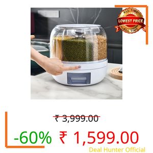 Dravizon 6-Grid Rotating Food Dispenser - Rice Bucket Storage Tank, Cereal Dispenser, Stackable Containers, One-Click Rice Picking, White