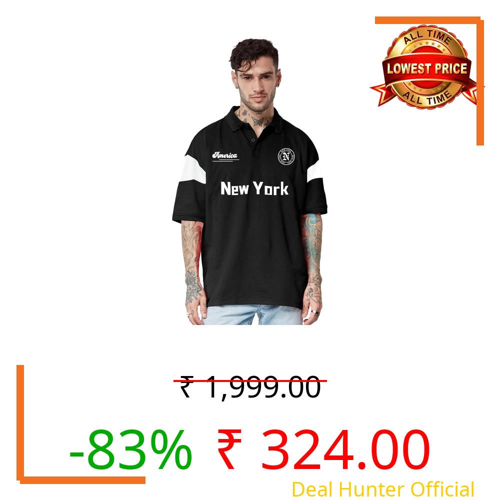 Jump Cuts||Cottonblend Oversized Printed Polo T-Shirt for Men||Black,White||M