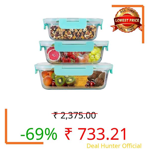 SIMPARTE Borosilicate Glass Food Storage Containers – Set of 3 (670ml + 1040ml + 1520ml) with Airtight Blue Lids | Microwave, Freezer & Dishwasher Safe | Transparent Lunch Boxes for Meal Prep