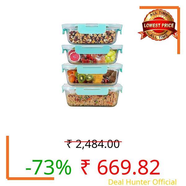 SIMPARTE 670ml Rectangular Borosilicate Glass Food Storage Containers with Airtight Leak-Proof Blue Lids – Set of 4 | Microwave, Freezer & Dishwasher Safe | Transparent Lunch Boxes