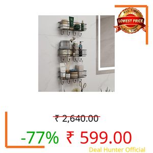 Plantex No Drill Bathroom Organiser/Bathroom Shelf with Hooks/Self Adhesive Shelf for Wall/Towel Holder-GI Steel - Pack of 3 (Black,Powder Coated)