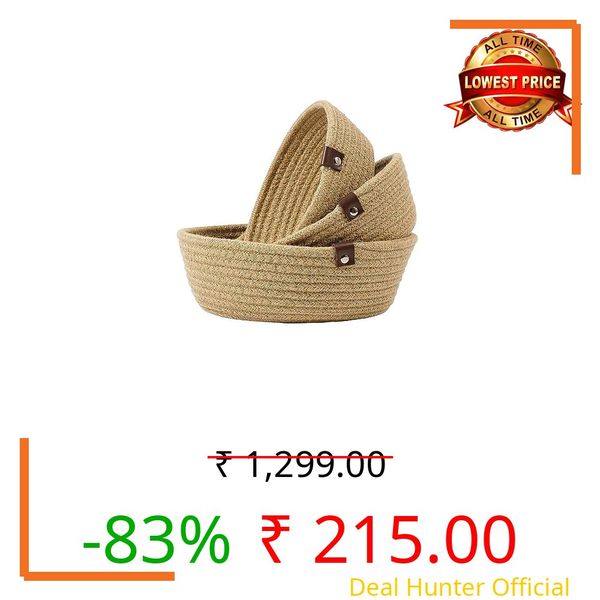 FR Creation Cube Storage Bins Organizer Collapsible Set of 3 Cotton Rope Storage Baskets Decorative Woven Basket with Handles 11 H x 10.5 W x 10.5 D (Beige)