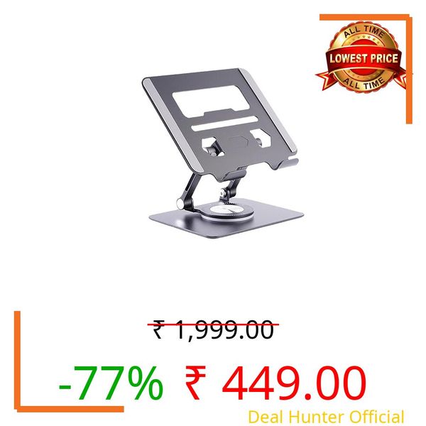 SG-Mart 360° Rotating Tablet Stand Aluminium Alloy Adjustable Height Rotation Bracket for Desk Ergonomic Foldable Aluminium Tablet Holder/Tablets/Mobile Phones up to 12.9 inches (Black, 1pcs)