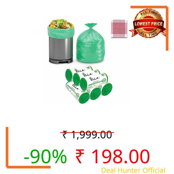 Ella Garbage Bags 19x21 Inches (Medium) 180 Bags 6 Rolls | Leak Proof & Tear Resistant Trash Bag for Kitchen Home & Commercial Use | Dustbin Bags For Dry & Wet Waste With Free Check Duster Cloth-Green