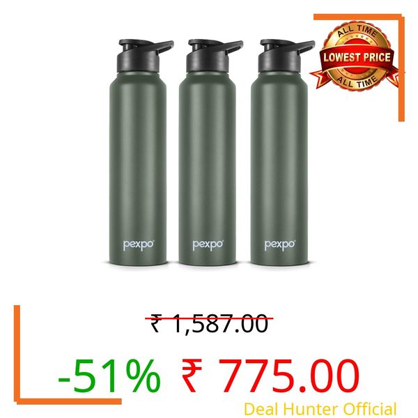 PEXPO Chromo ISI Certified Stainless Steel Sports/Fridge Sipper Water Bottle, 750ml, Military Green Pack of 3 | BPA Free | Water Bottle for Office, Gym, School, Yoga, Trekking, Men, Women and Kids