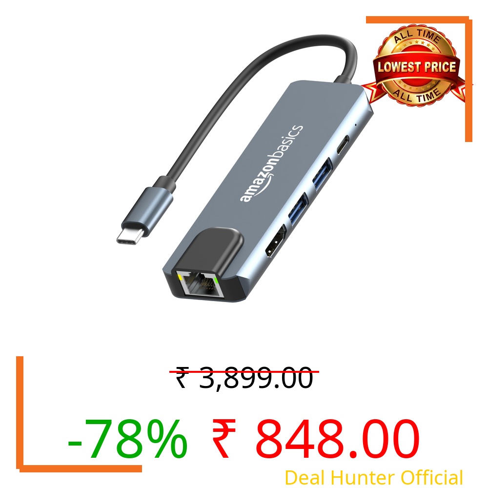 Amazon Basics 5-in-1 Hub Multiport Adapter, USB Type-C with Aluminium Shell, 100Mbps Ethernet Port, HDMI 4K, 1xUSB 3.0, 1xUSB 2.0, 100Mbps Ethernet, 100W Charging for MacBook, DELL & Type C Devices