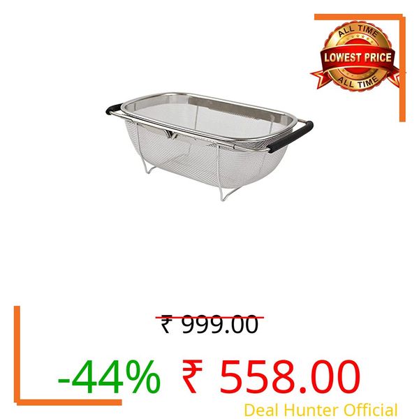 DZAWIBA Large Over The Sink Colander, 18/8 Stainless Steel Fine Mesh Strainer Basket With Expandable Rubber Grip Handles- Strain, Drain, Rinse Fruits, Vegetables, 21 x 14 x 9 Centimeters, Silver