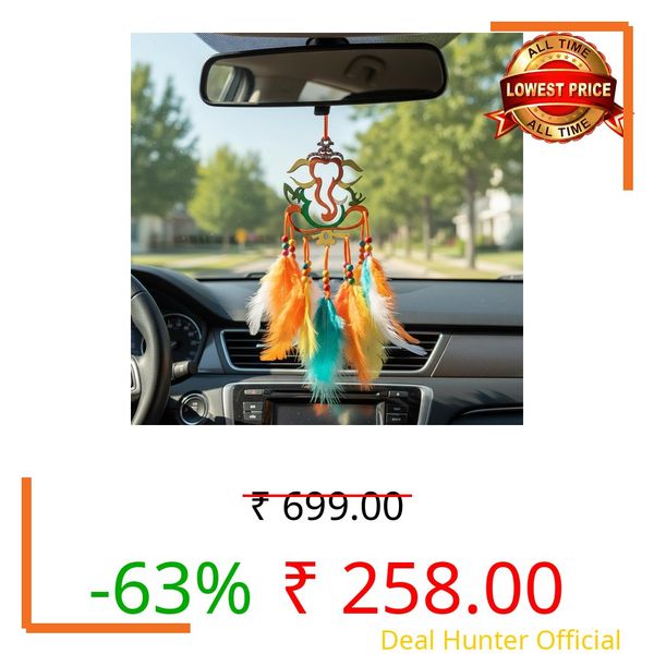 Varenyam Wooden Handpaited Ganpati Dream Catcher for Car, Unique Hand Painted Ganesha Car Mirror Hanging Accessories Interior, Ganesh Dream Catcher for Rear View Mirror Accessory, Gift Item
