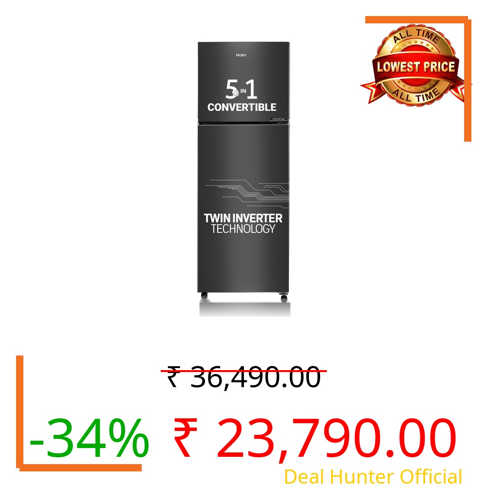Haier 240L 3 Star Frost Free Top Mount Double Door Refrigerator|5 In 1 Convertible Modes|Twin Inverter|200% Faster Ice Making in 49 Minutes (HEF-253GB-P, GE Black)