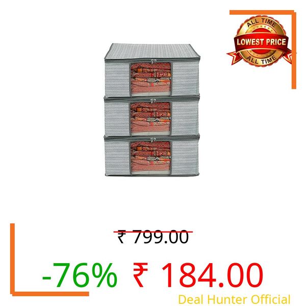 AMAK INC Wardrobe Organizer for Clothes Cloth Storage Bag with Zipper Transparent Window Saree Cover Non Wowen Material Cloth Cover for Saree Lehengha Shuit Dress Grey (Pack of 3)