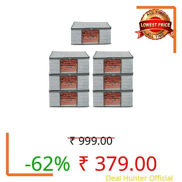 AMAK INC Wardrobe Organizer for Clothes Cloth Storage Bag with Zipper Transparent Window Saree Cover Non Wowen Material Cloth Cover for Saree Lehengha Shuit Dress Grey (Pack of 7)