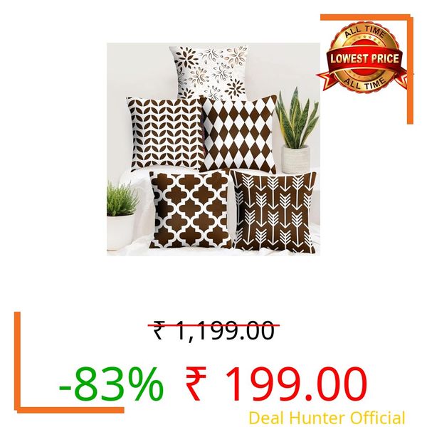 Story@Home Brown & White Geometric Cushion Cover Set of 5 | 16 x 16 Inch | Digital Printed Decorative Pillow Covers | Soft Polyester Cushion Covers for Sofa, Living Room, Bedroom & Home Décor