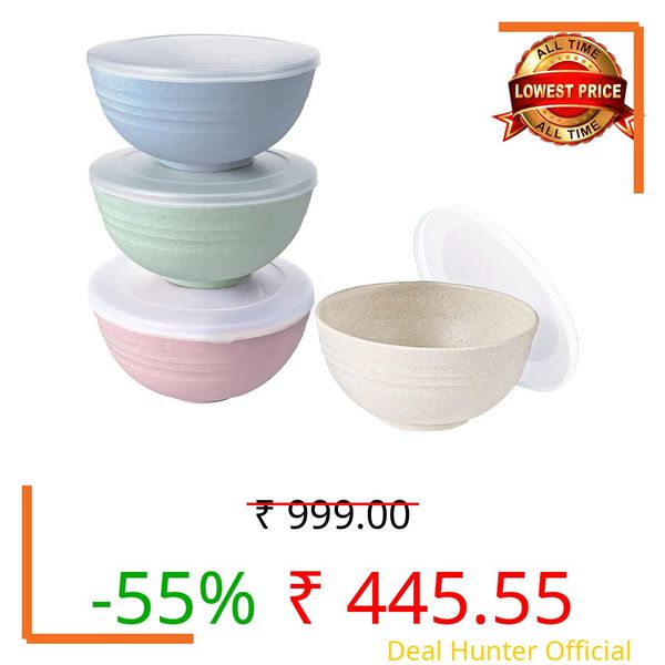 G-KARUNA Wheat Straw Cereal Bowls Set of 4 with Dust-Proof Lid/Bowls for Kitchen/Microwave & Dishwasher Safe Bowl for Soup, Snack and Cereal or Salad, Capacity: 800 ML (Multicolor)