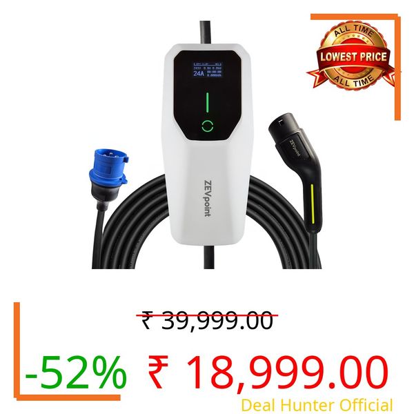 Zevpoint 7.5 kW EV Charger | Carry Bag + Holder Clips + CEE Socket | 32A, Waterproof | 5m Cable, 3” Display | Adjustable Power | Auto Cut, Overload & Earthing Protection (Dash)