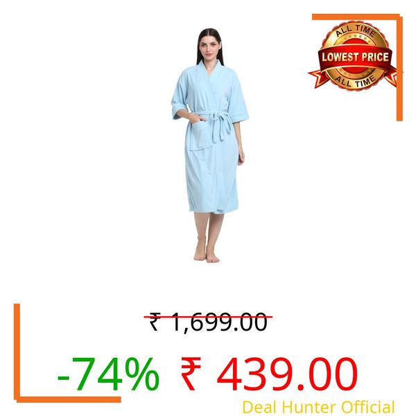 CREEVA Everyday Unisex Micro Terry Bathrobe, Kimono Collar, 3/4 Sleeve, Free Size, Ocean Blue
