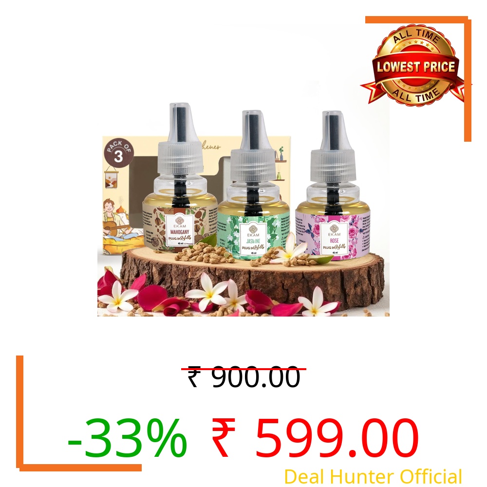 EKAM | Combo Pack Of 3 | Mahogany, Rose & Jasmine Scented Plug-In Liquid Air Freshener Refill| 45Ml Each | Lasts up to 125 Days Each / 500 Hours Each | Perfect for Living Rooms, Bedrooms & More