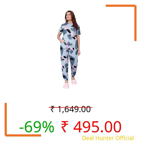VJ Fashion Women's Cotton Lycra Printed & Knitted Round Neck Night Wear Set of Top and Pazama_Set(Grey)