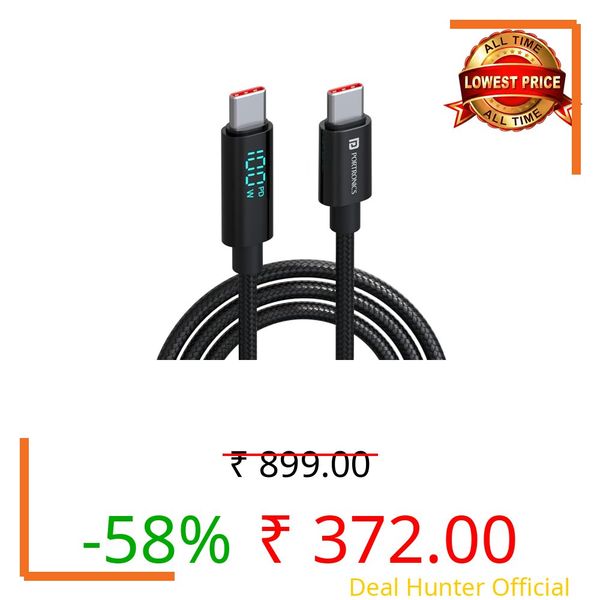 Portronics Konnect View 100W Type C to Type C Cable with LED Display with 5A Max Output, Fast Data Sync, 1.2M Length, Tangle Resistance supports Laptop Charging(Black)