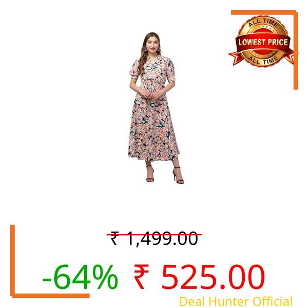 Women's Printed Coller Neck Western Dresses Gown Dress for Women (Multicolor, XL)