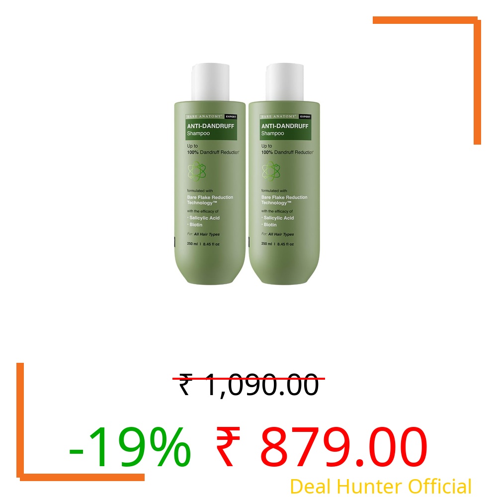 Bare Anatomy Anti-Dandruff Shampoo | Up To 100% Dandruff Reduction | ZPTO-Free | pH 5.3 | Salicylic Acid, Piroctone Olamine & Biotin | Non-Drying Formula | Unisex | 250 ml (pack of 2)