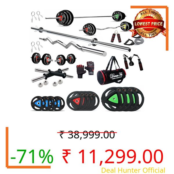 DREAM FIT Professional Metal Integrated Rubber Coated Plates Combo - 70Kg Home Gym Set with 23mm 3 ft curl Rod, 23mm 5 ft Straight Rod, 1 Pair Dumbbell rods with hex Nuts and Gym Accessories (70Kg)