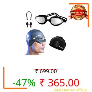 Slovic Swimming Kit | Swimming Goggles & Swimming Cap with Ear Plug, Nose Clip | Stylish Pool Cap for Long Hair | UV Protection | Anti Fog | Free Size Swim Cap | Black Combo