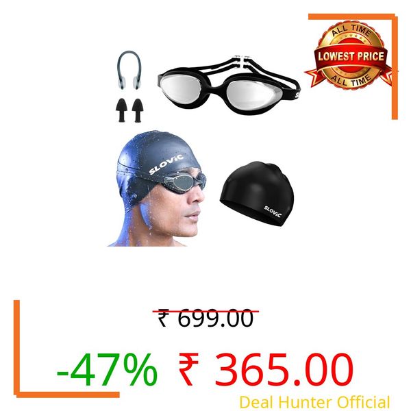 Slovic Swimming Kit | Swimming Goggles & Swimming Cap with Ear Plug, Nose Clip | Stylish Pool Cap for Long Hair | UV Protection | Anti Fog | Free Size Swim Cap | Black Combo
