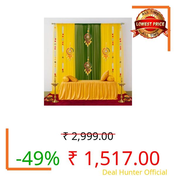 Special You haldi Mehendi Decoration for Marriage with Yellow & Green Chiffon Curtains with Multicolor Mirror Pompom and Latkan for haldi Decoration Items for Marriage, haldi Ceremony Decor- 17 Items
