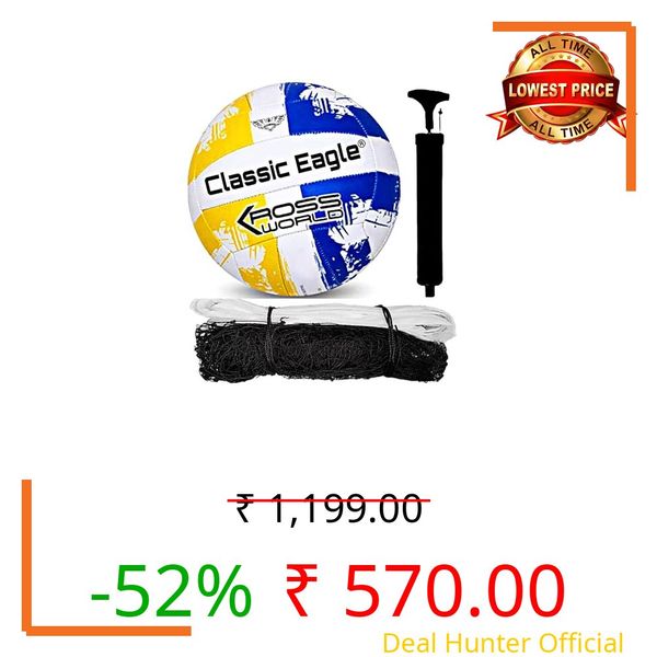 Classic Eagle Cross World Volleyball Full Kit Air Pump And Nylon Net Official Size And Weight For All Players Size-5 (Pack Of 1), Multicolor